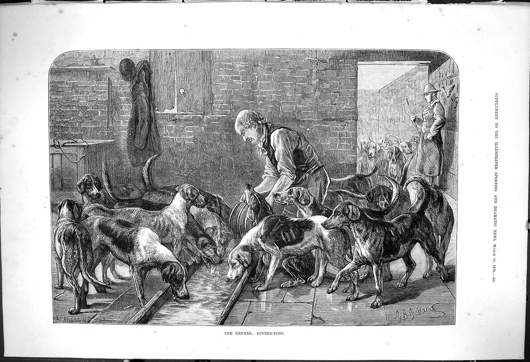 Original Old Antique Print 1876 Kennel Hunting Dogs Dinner Time Feeding 19th