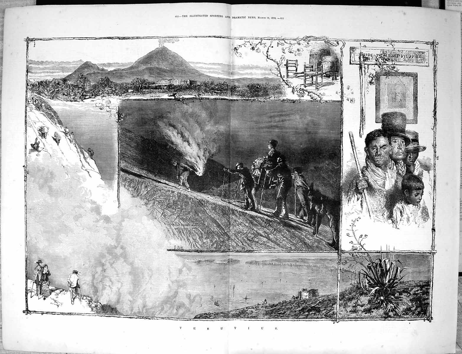 Original Old Antique Print 1876 Vesuvius Mountain Volcano Climbers Explorers