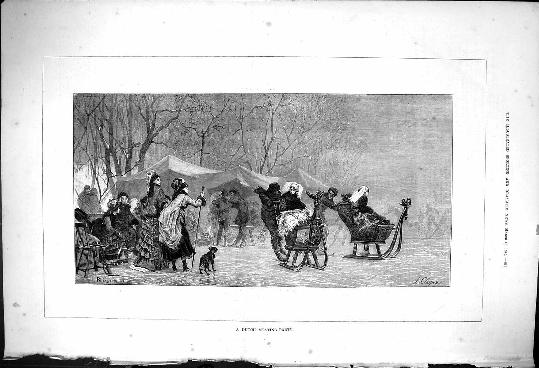 Original Old Antique Print 1876 Dutch Ice Skating Party Holland Sport Victorian