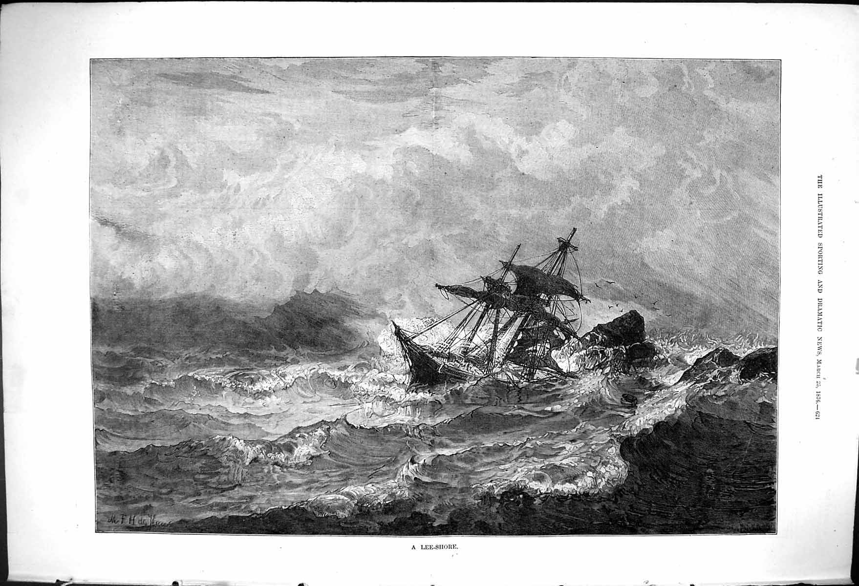 Original Old Antique Print 1876 Lee-Shore Stormy Sea Ship Wreck 19th