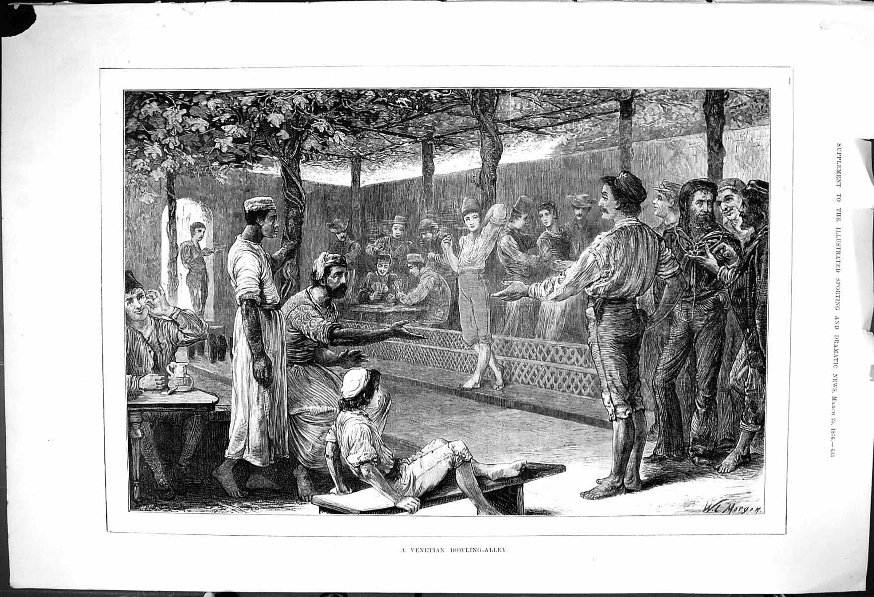 Original Old Antique Print 1876 Venetian Bowling Alley Italy Sport Victorian