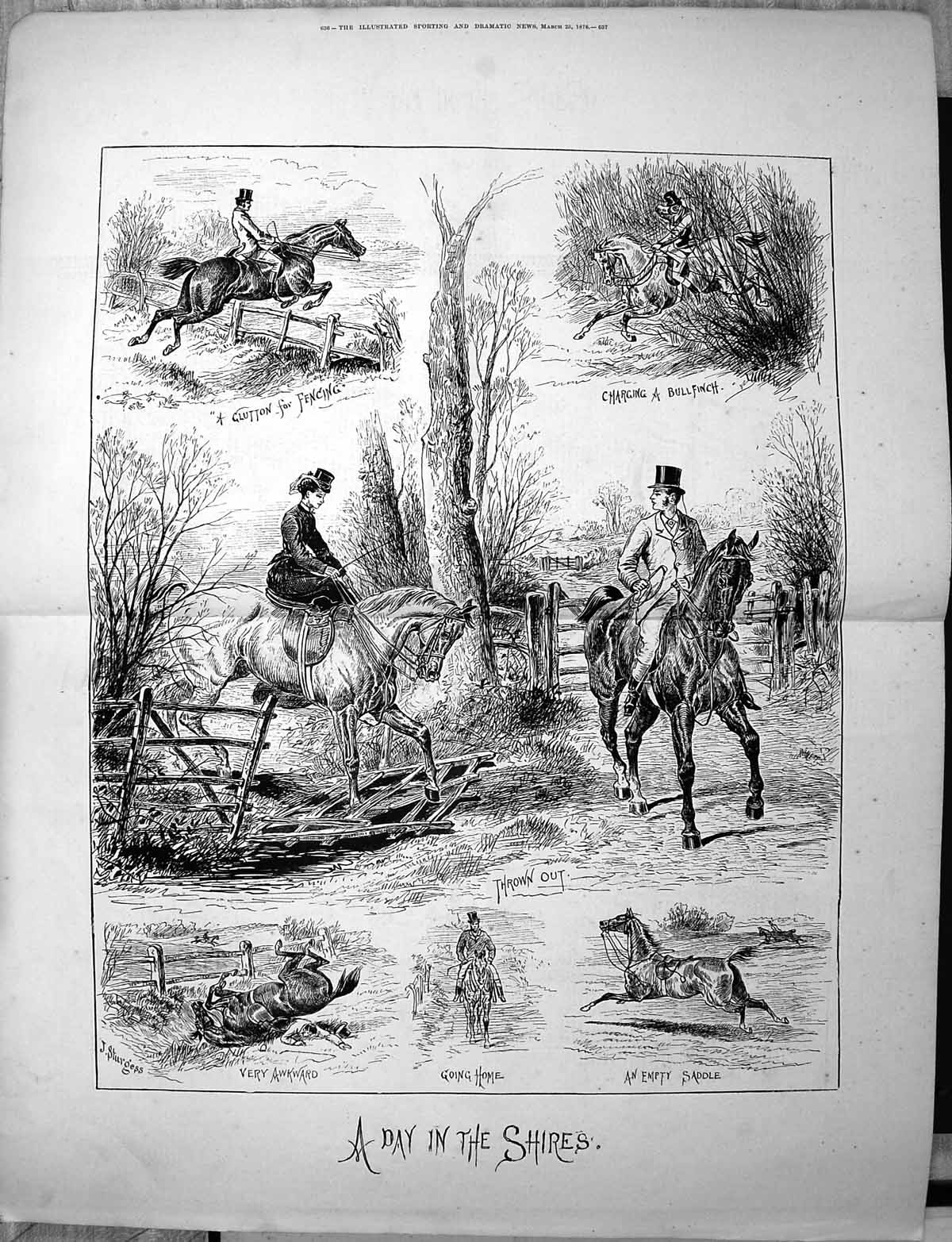 Old 1876 Day In The Shires Hunting Horses Charging Bullfinch Huntsmen 19th