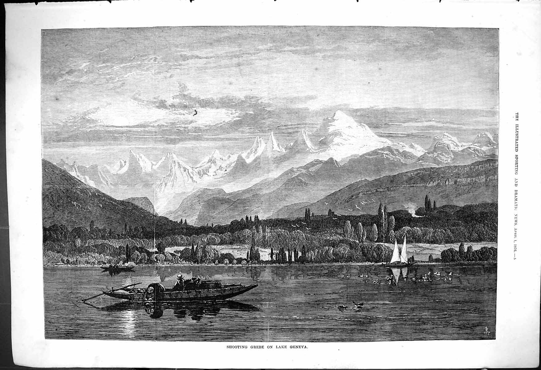 Old 1876 Sport Shooting Grebe Birds Lake Genev A Italy Mountains Fine Victorian