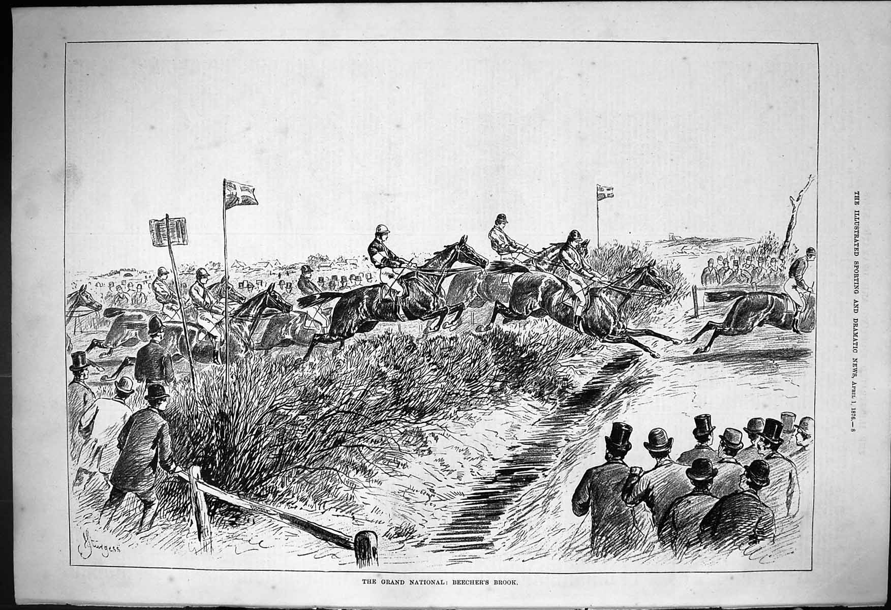 Old 1876 Grand National Horse Racing Beecher'S Brook Jockeys Sport Li Victorian