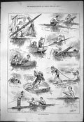 Original Old Antique Print 1876 Boating Fever River Comedy Scene 19th