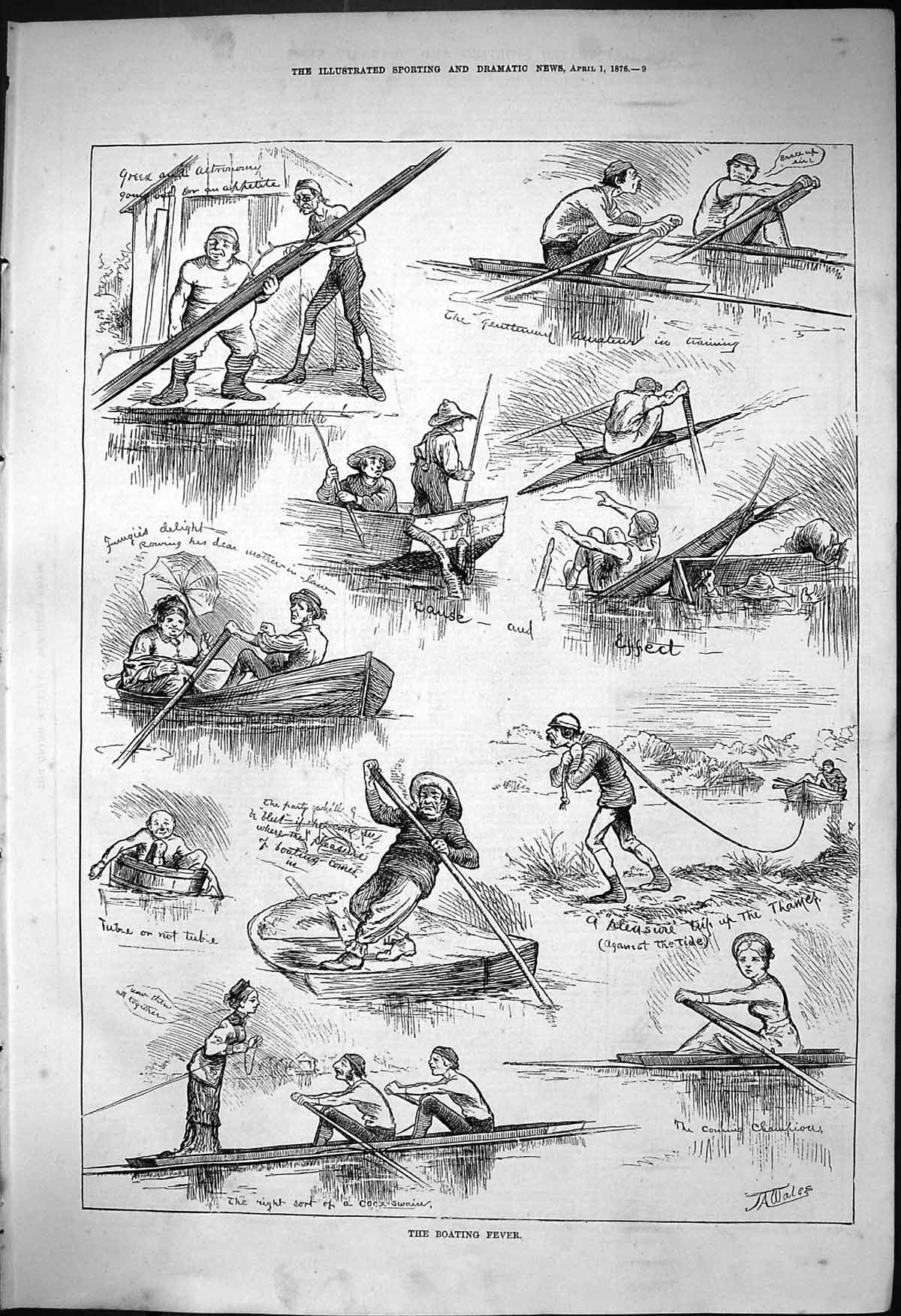 Original Old Antique Print 1876 Boating Fever River Comedy Scene 19th