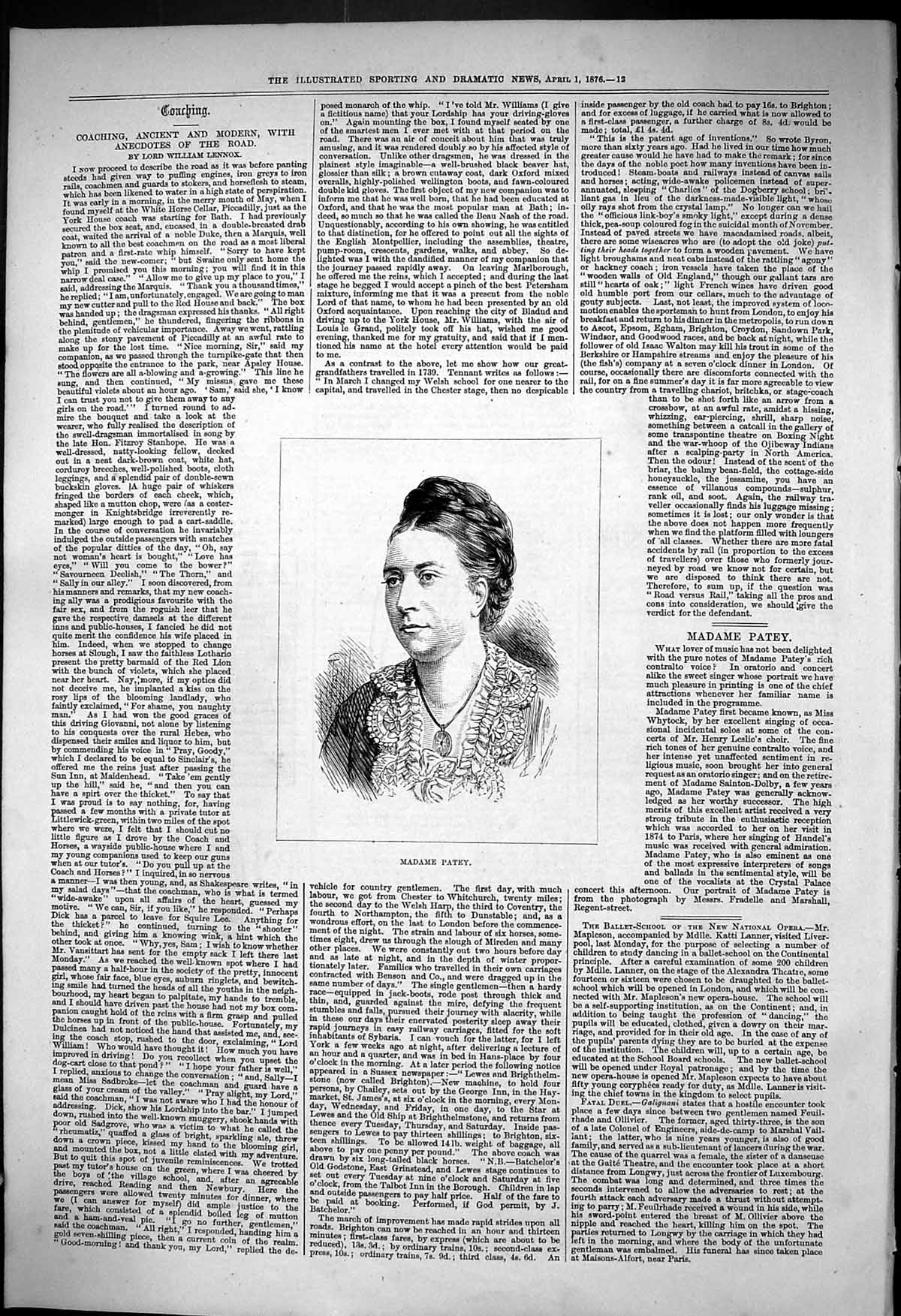 Original Old Antique Print 1876 Portrait Madame Patey Beautiful Woman Victorian