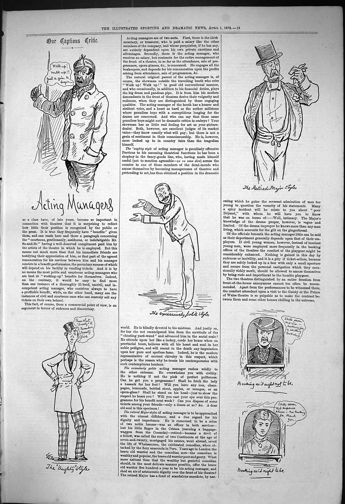 Antique Old Print 1876 Captious Critic Theatre Acting Managers Booking Office