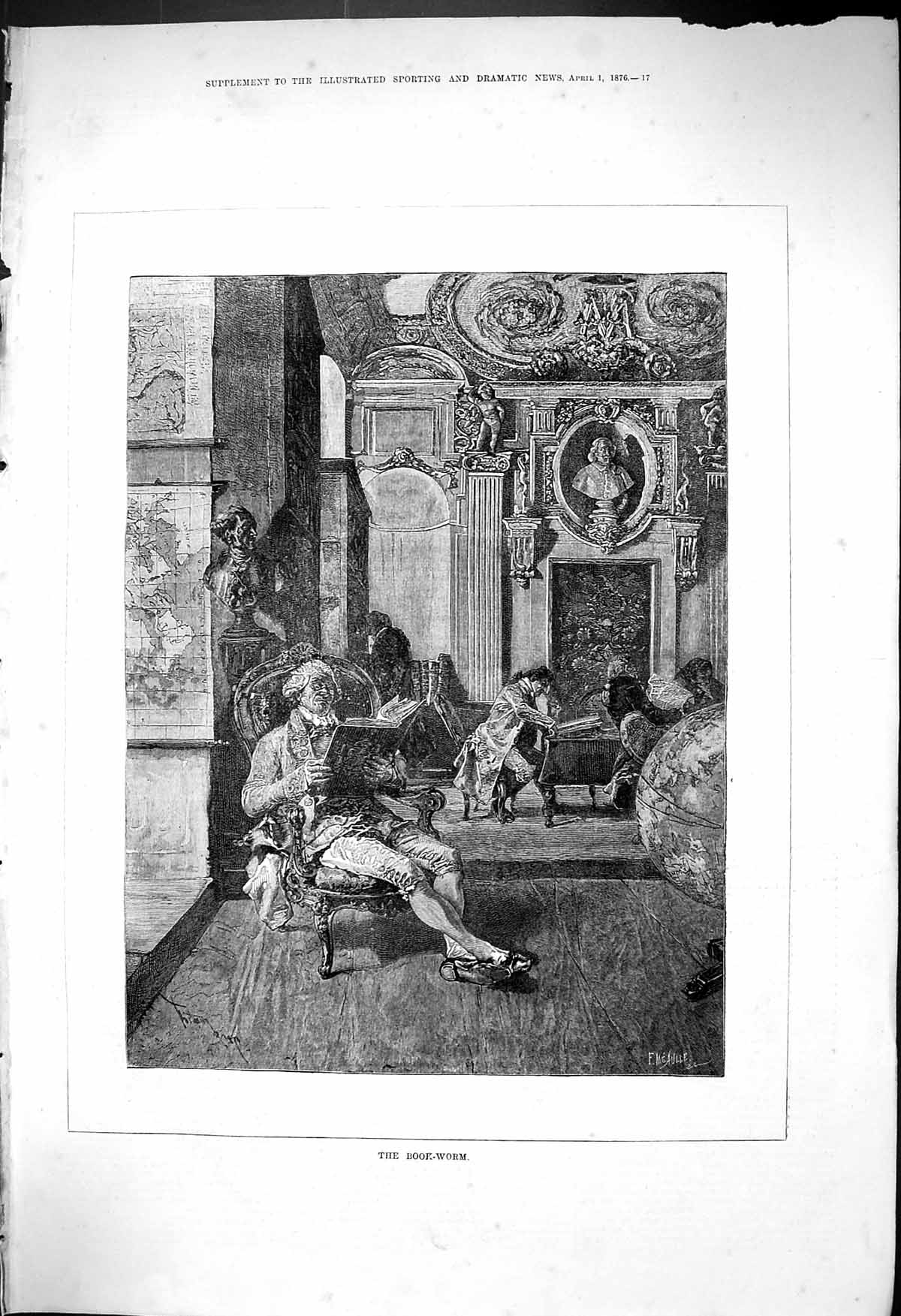 Original Old Antique Print 1876 Book Worm Men Reading Sitting Chair Victorian