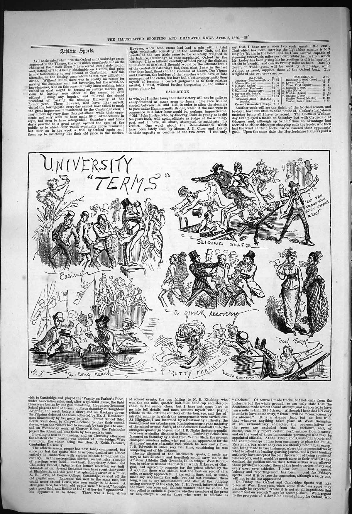 Original Old Antique Print 1876 University Terms Boat Race Sport Comedy Sketch