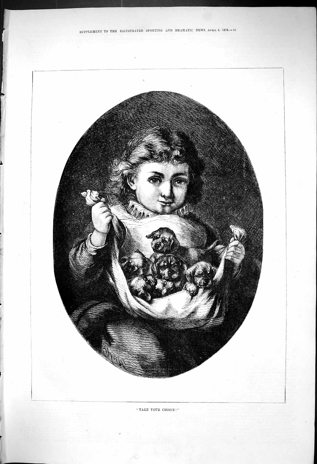 Original Old Antique Print 1876 Young Girl Puppies Dogs Take Your Choice 19th