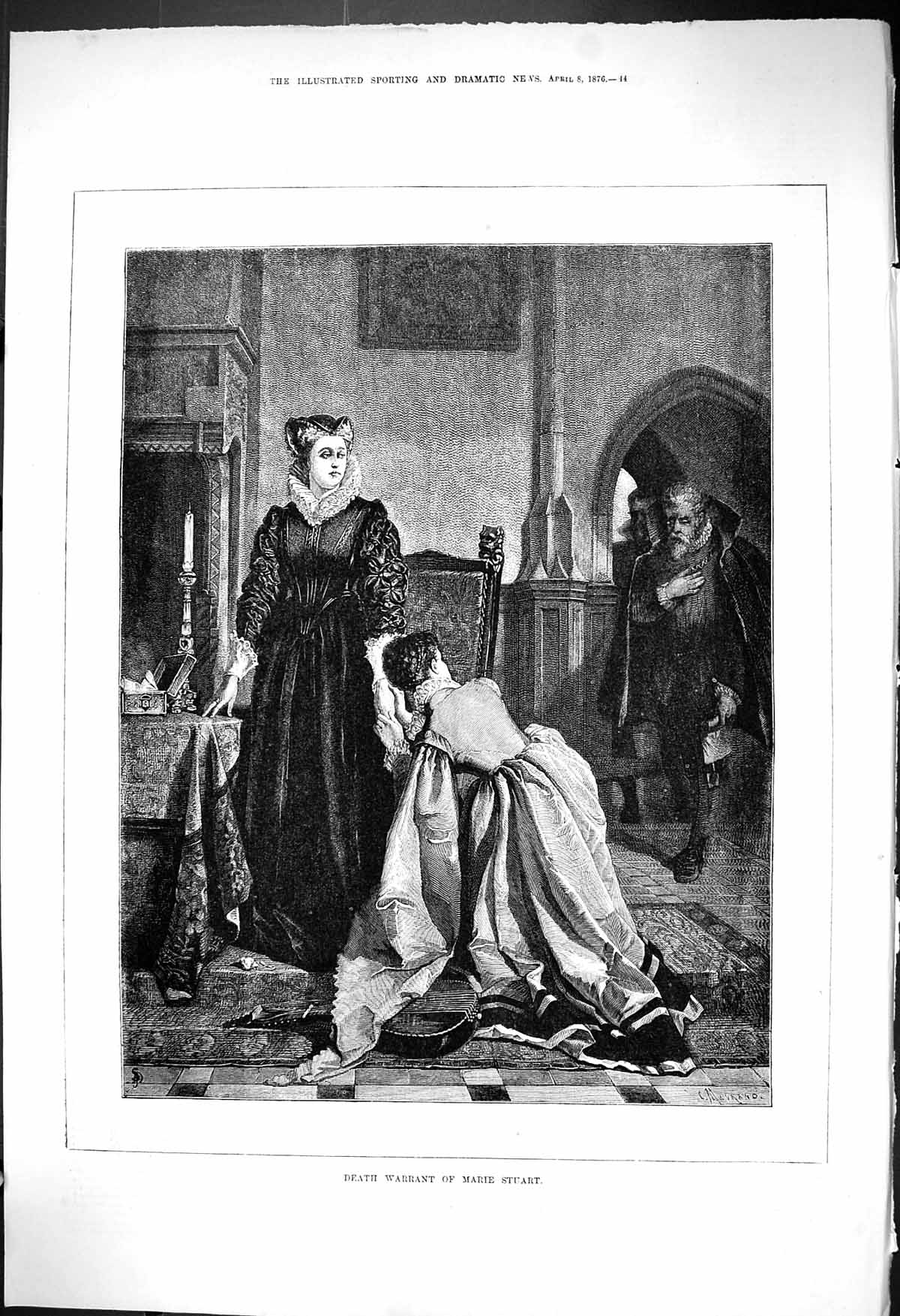 Antique Old Print 1876 Scene Man Carrying Death Warrant Marie Stuart Ladies