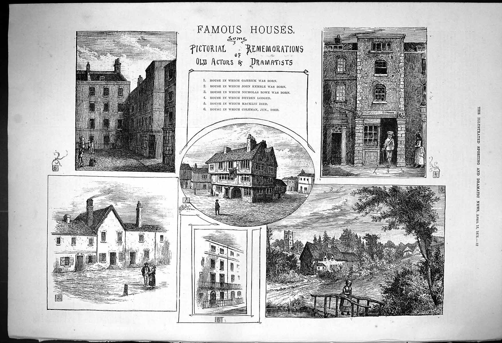 Old 1876 Famouse House Garrick John Kemble Nicholas Rowe Dryde Mackli Victorian