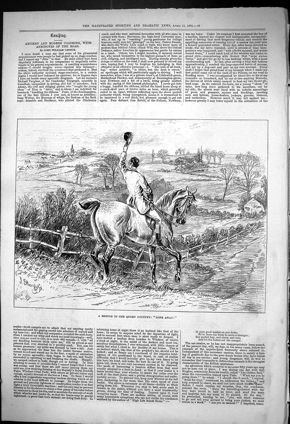 Original Old Antique Print 1876 Sketch Quorn Country Hunting Man Horse 19th