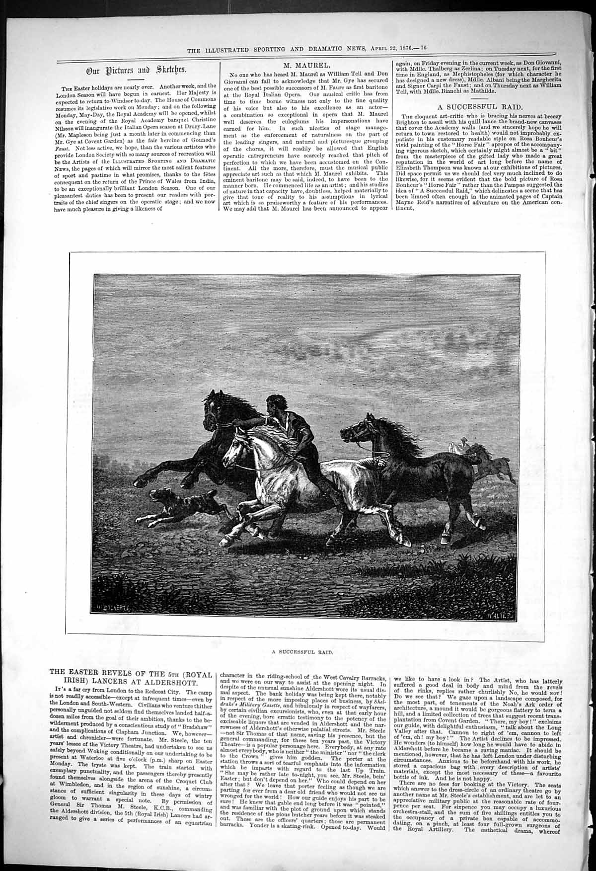 Original Old Antique Print 1876 Successful Raid Horse Thief Man Dogs Victorian