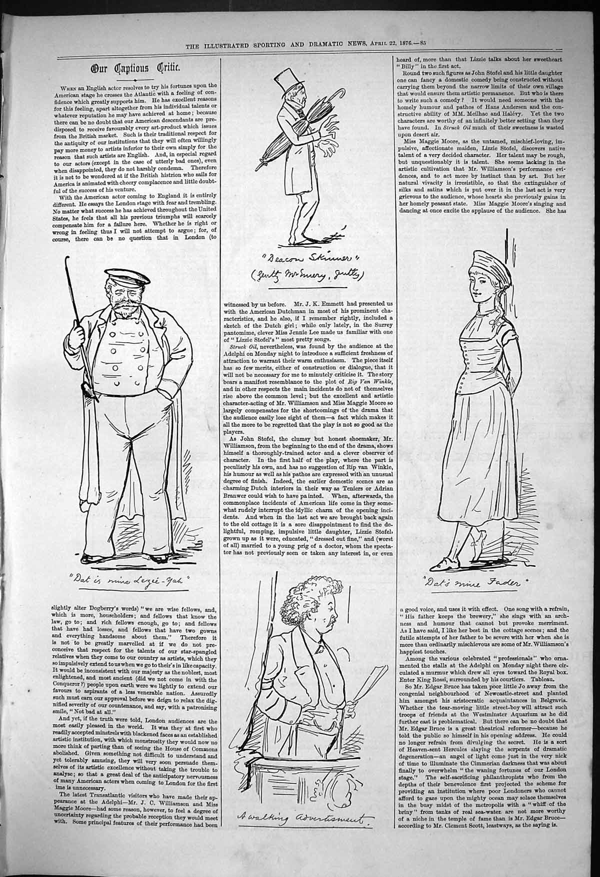 Original Old Antique Print 1876 Captious Critic Theatre Walking Advertisement