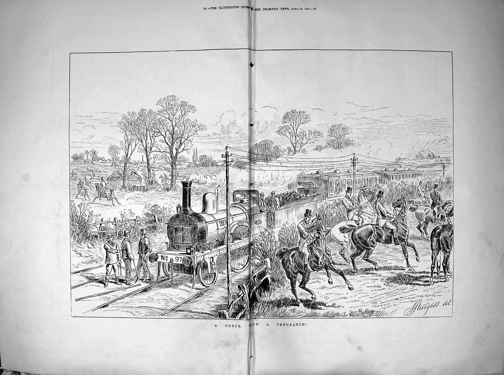 Old Antique Print 1876 Check With Vengeance Railway Train Hunting Horses 0 19th