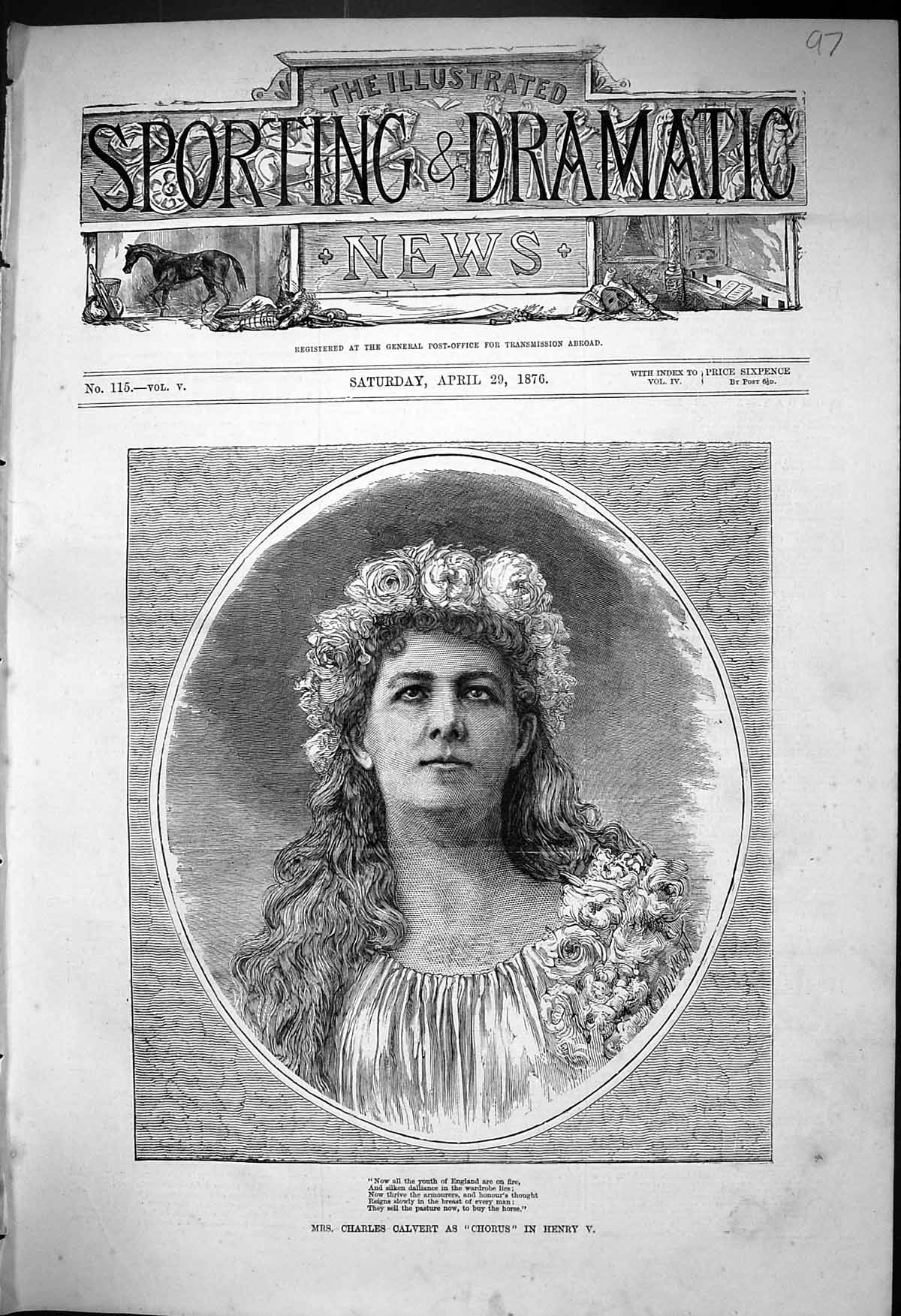 Antique Old Print 1876 Portrait Miss Charles Calvert Chorus Henry V Theatre
