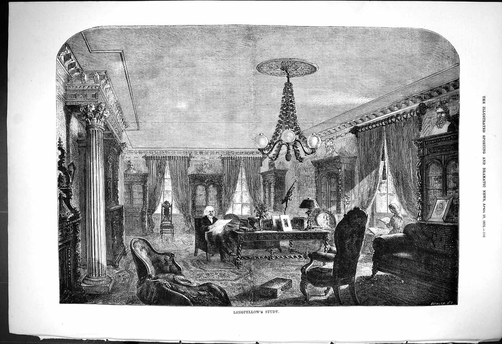 Old 1876 Interior Scene Longfellow'S Study Man Reading Newspaper Sitt Victorian