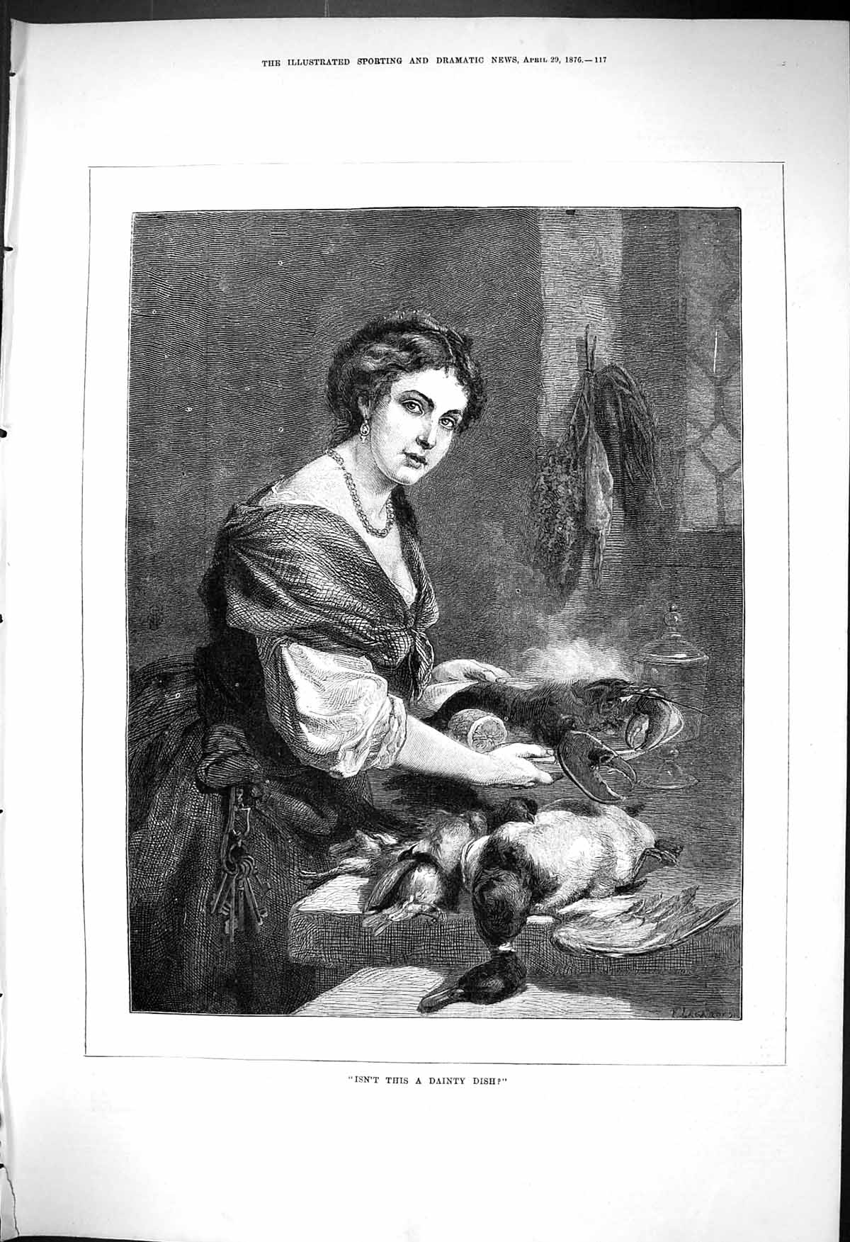 Old 1876 Beautiful Woman Preparing Dinner Lobster Dead Birds Isn'T Th Victorian