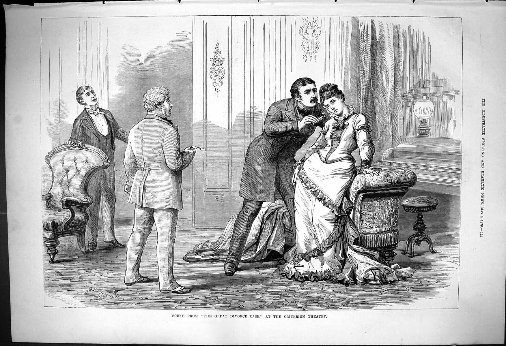 Old Antique Print 1876 Scene Great Divorce Case Criterion Theatre Actors 19th