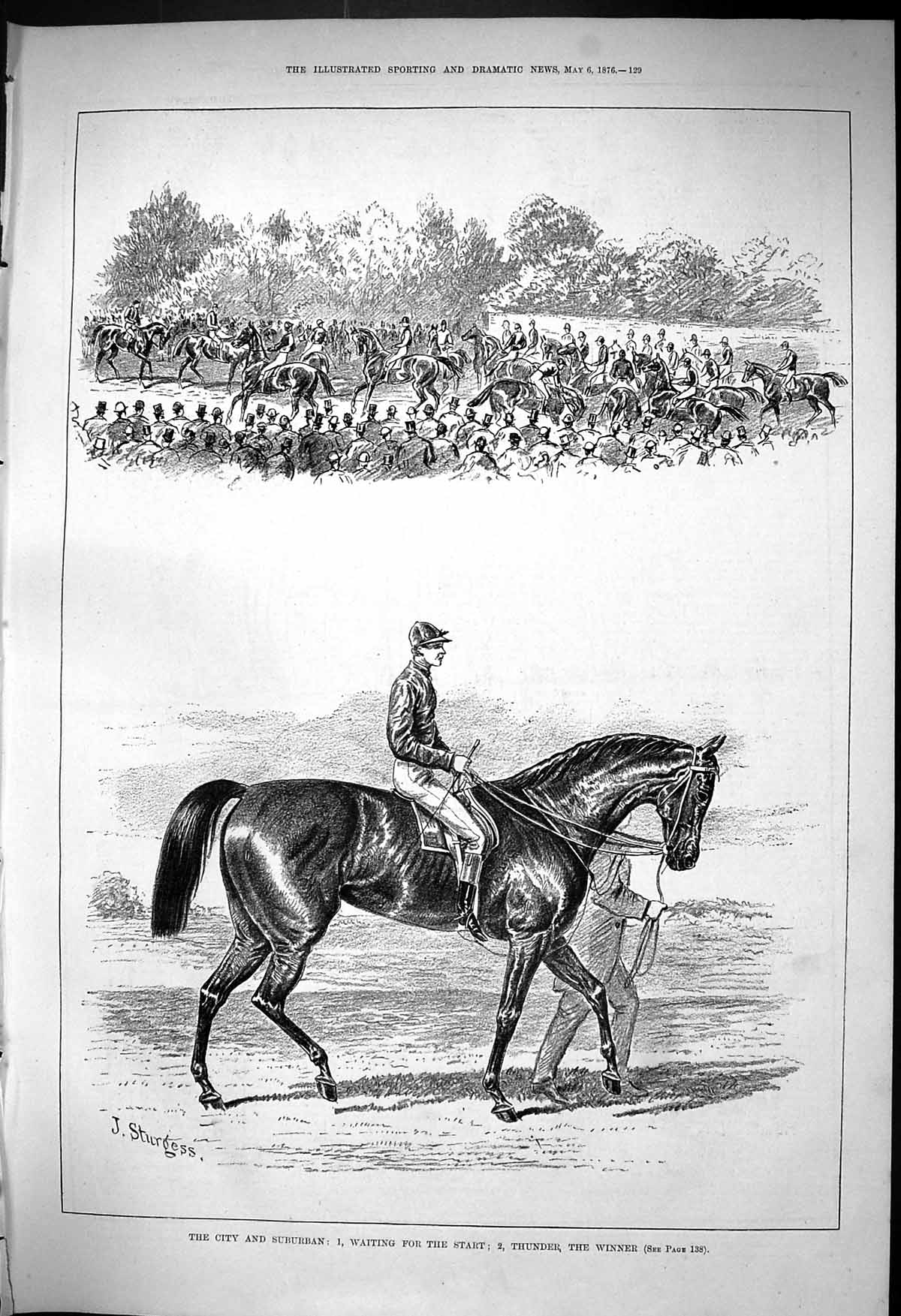 Antique Old Print 1876 City Suburban Horse Racing Thunder Winner Jockey Sport