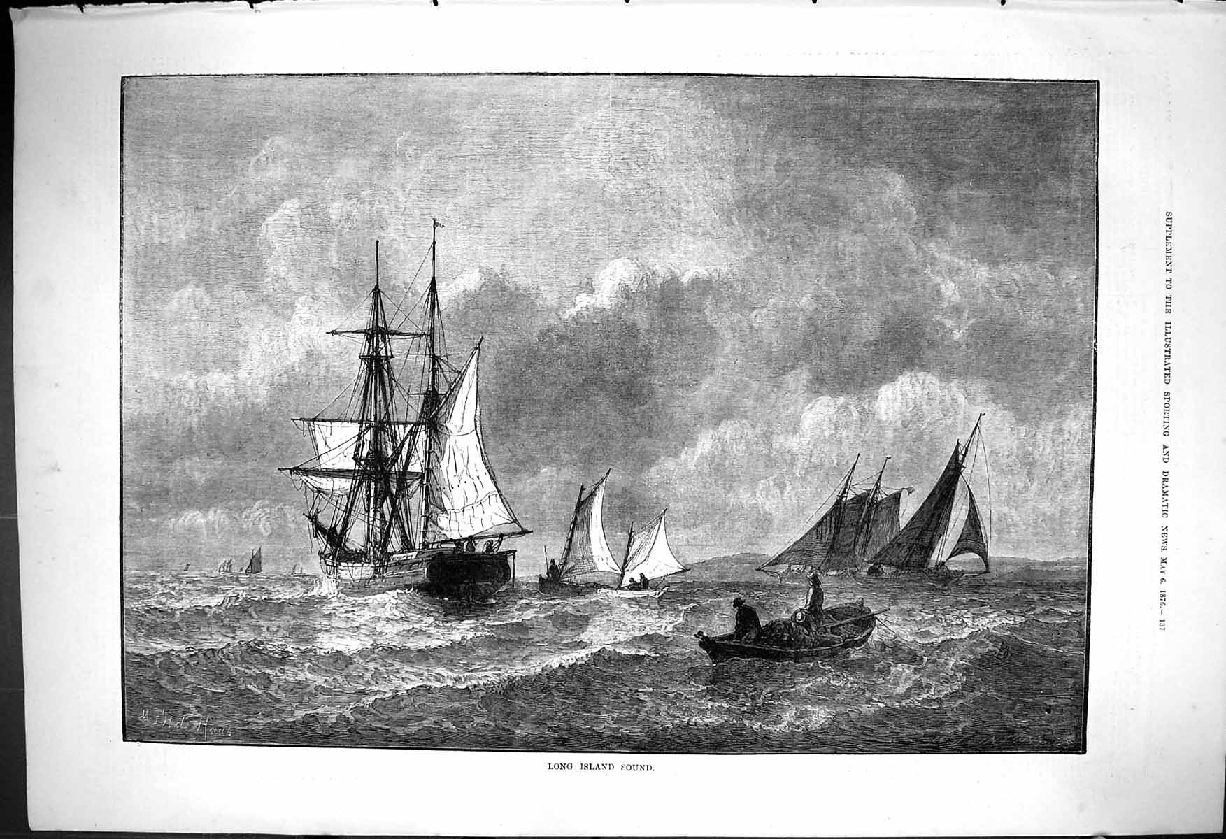 Original Old Antique Print 1876 Long Island Sound Sailing Ships Boats Yachts