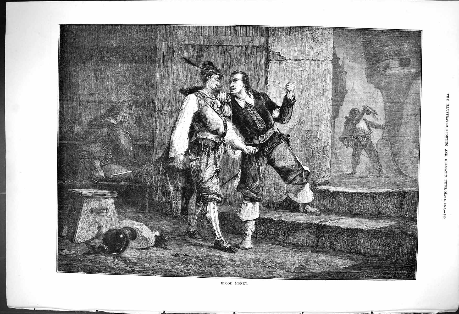Original Old Antique Print 1876 Blood Money Men Fighitng Scene 19th