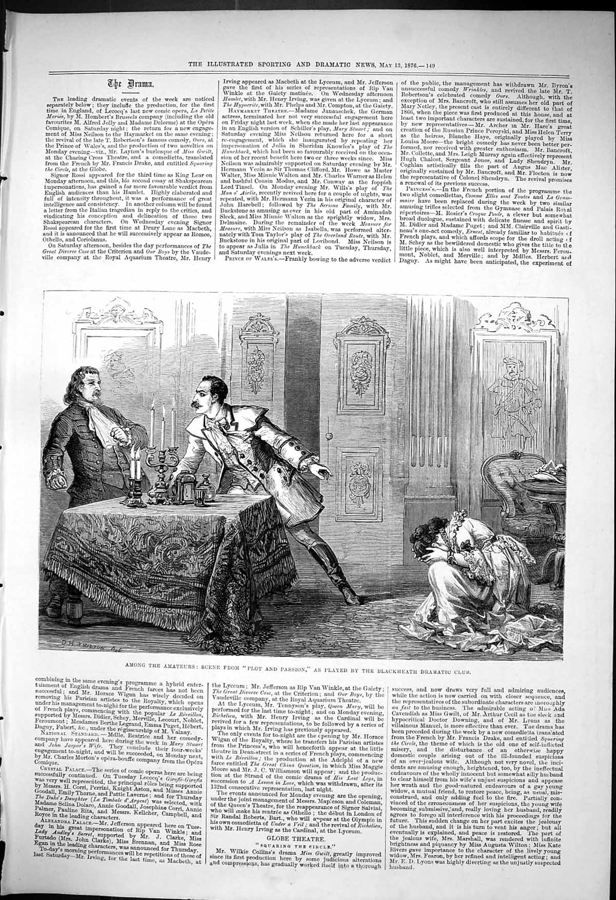 Old Antique Print 1876 Scene Plot Passion Blackheath Dramatic Club Actors 19th