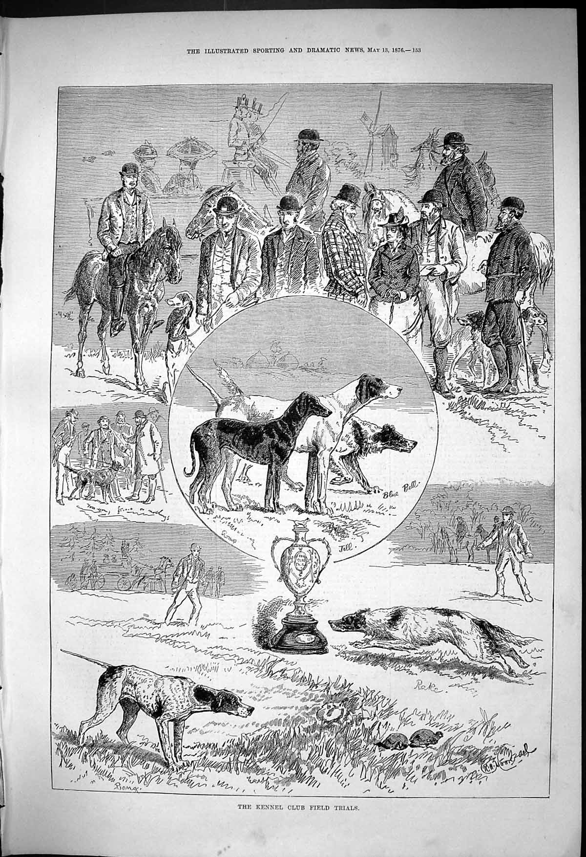 Antique Old Print 1876 Kennel Club Field Trials Dogs Hounds Rake Bang Jill 19th