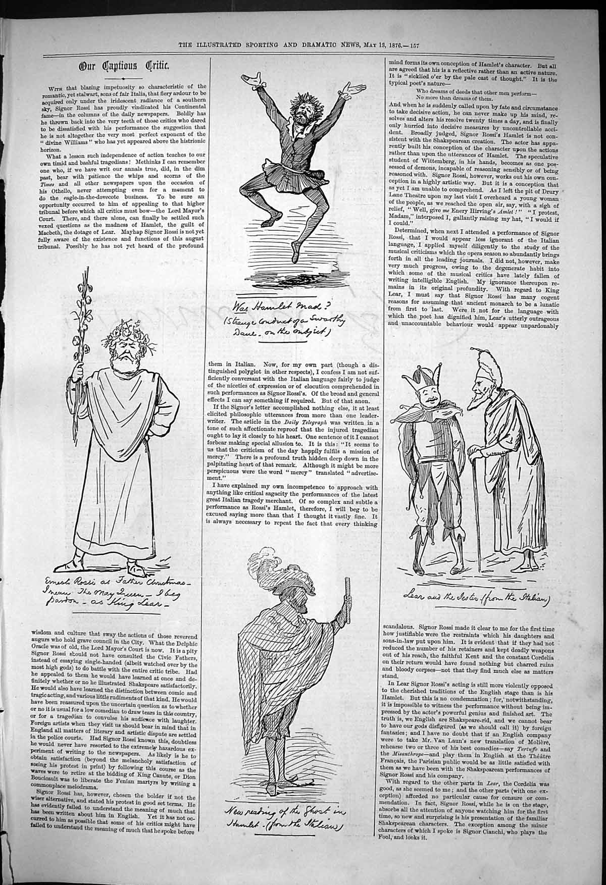 Original Old Antique Print 1876 Captious Critic Theatre Hamelt Jester Victorian