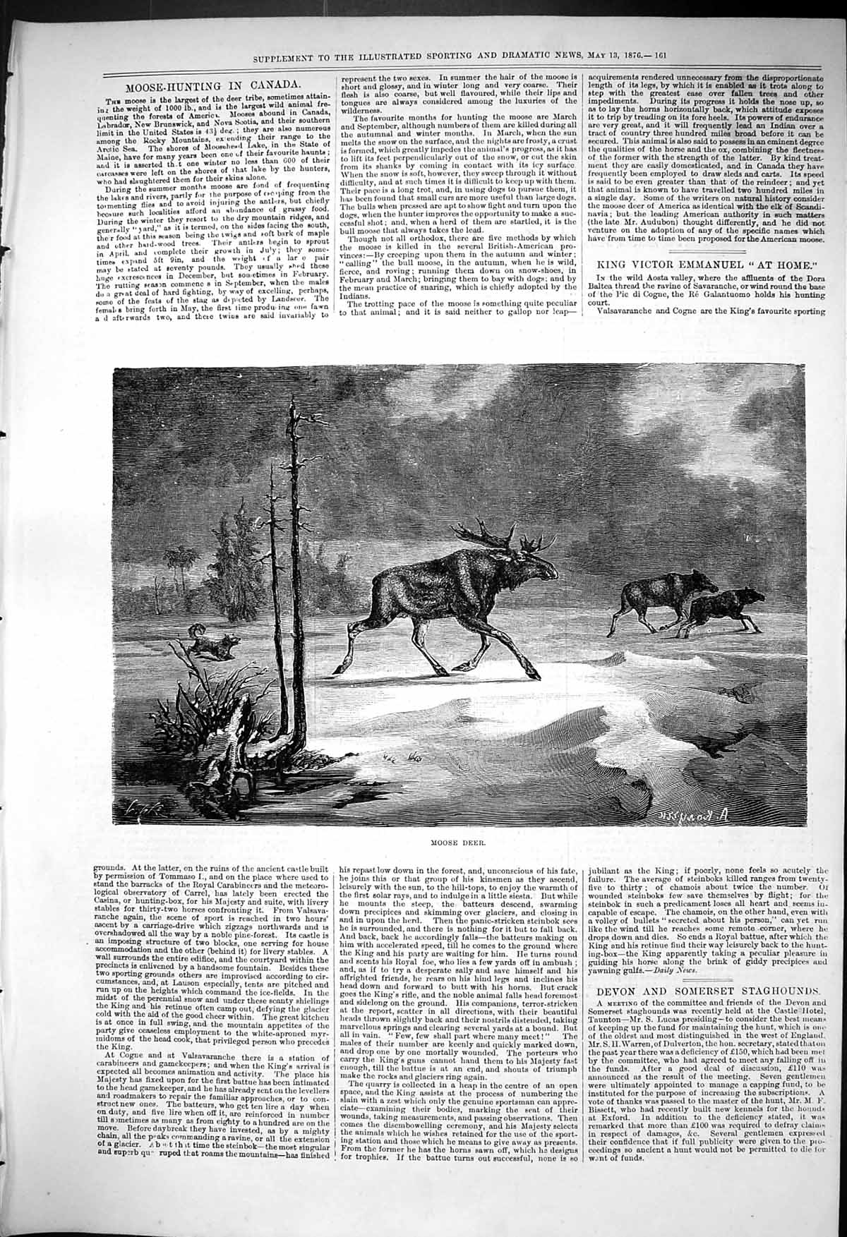Original Old Antique Print 1876 Moose Deer Hunting Canada Sport 19th