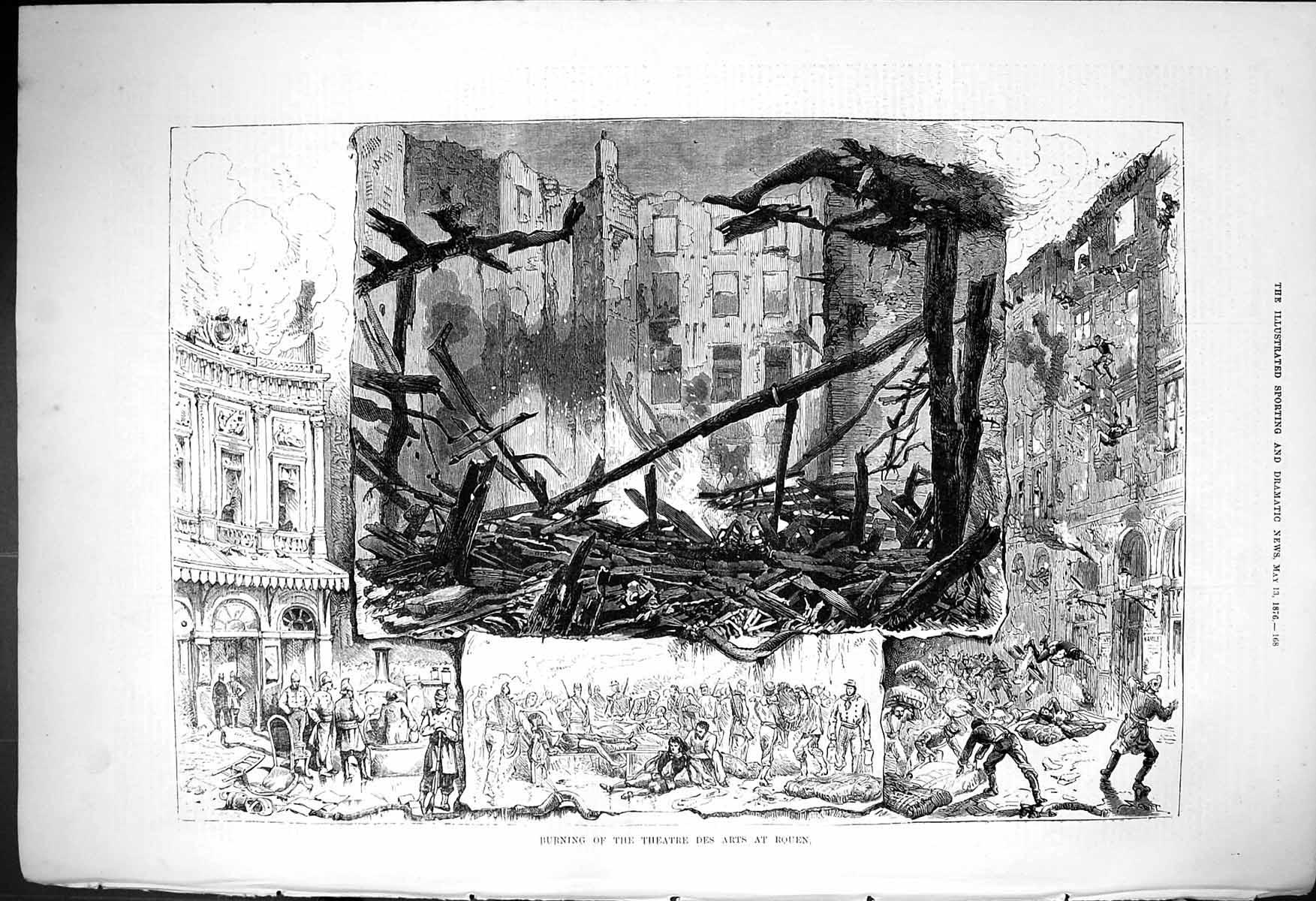 Original Old Antique Print 1876 Fire Burning Theatre Des Arts Rouen Victorian