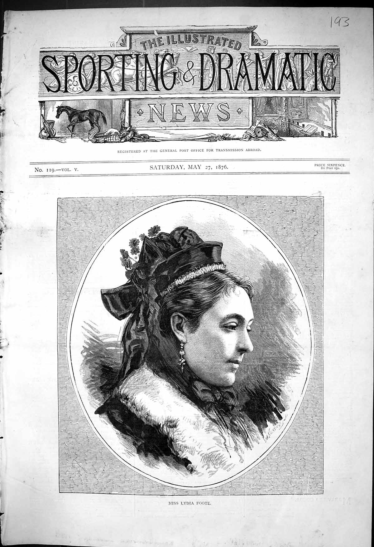 Original Old Antique Print 1876 Portrait Miss Lydia Foote Beautiful Woman 19th