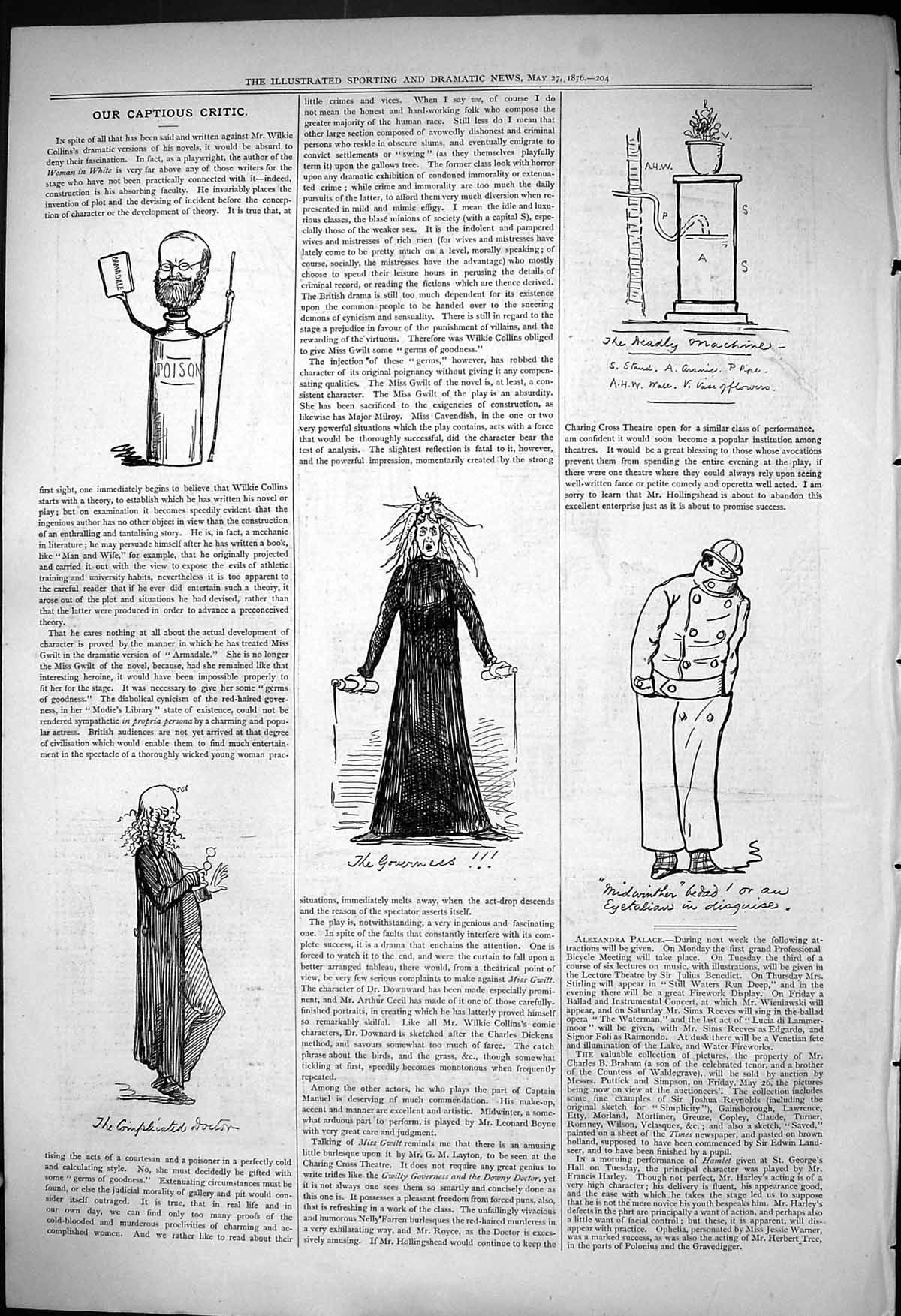 Old Antique Print 1876 Captious Critic Poison Midwinter Theatre Governess 19th