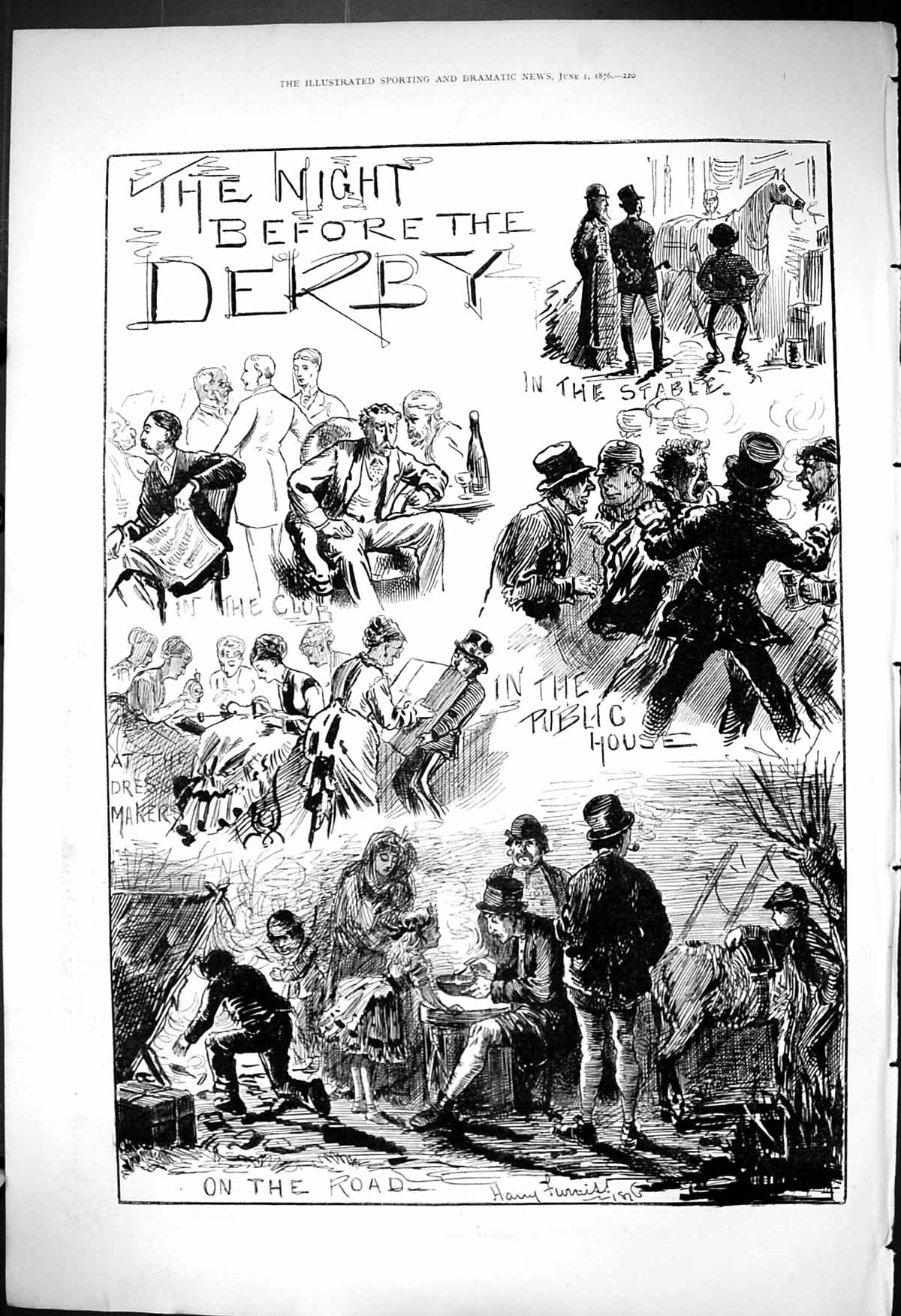 Antique Print 1876 Night Before Derby Horse Racing Stable Scene Spectators 19th