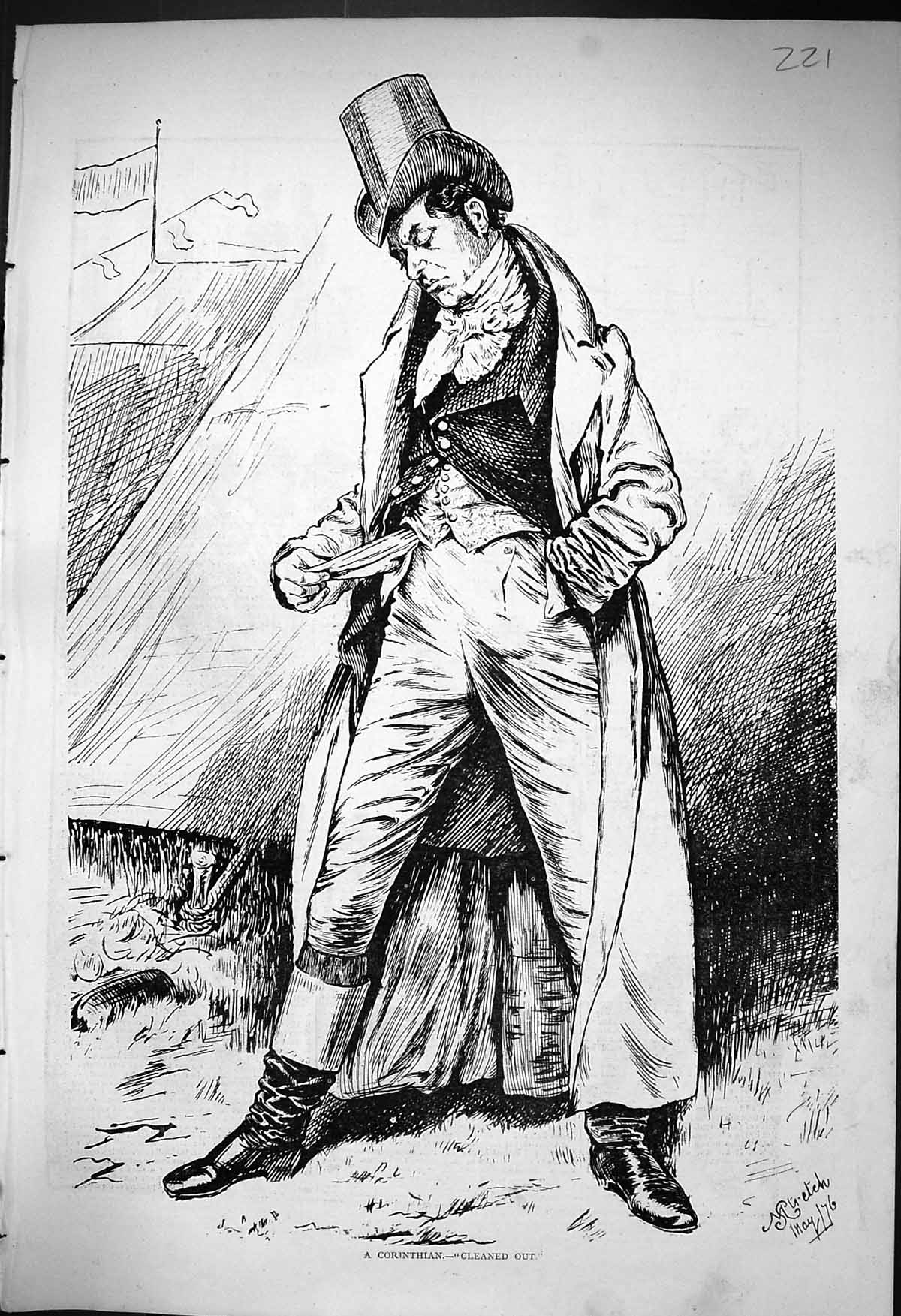 Old Antique Print 1876 Portrait Corinthian Man Cleaned Out Empty Pockets 19th