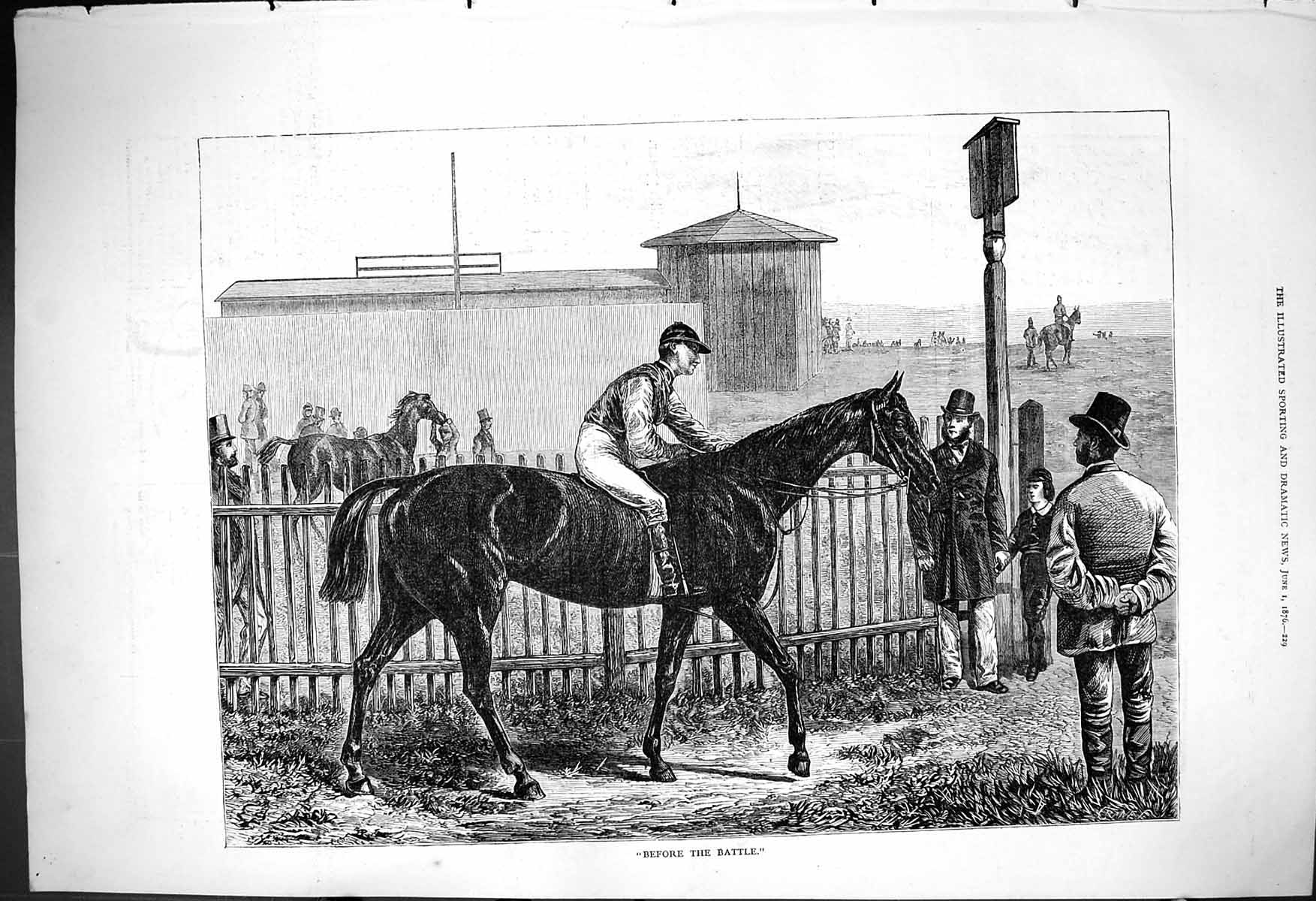 Original Old Antique Print 1876 Horse Jockey Before The Battle Start Line Sport