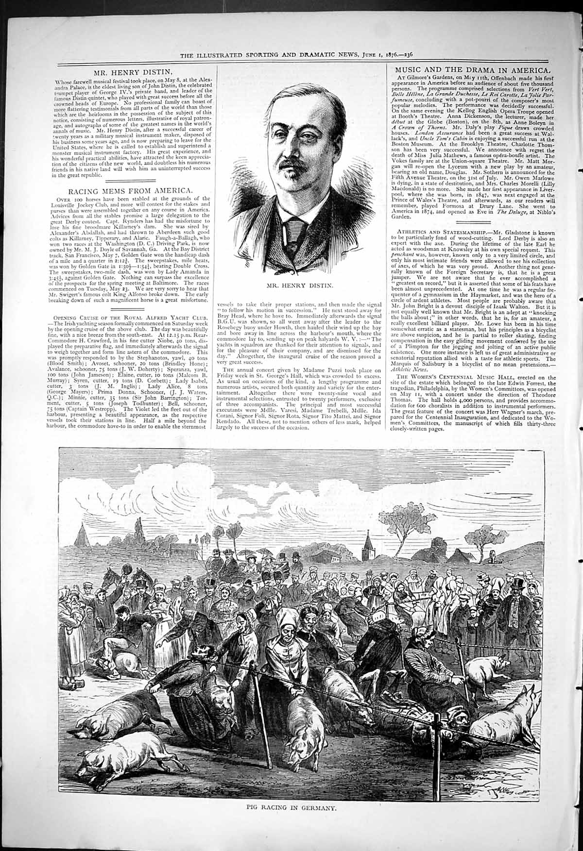 Old Antique Print 1876 Portrait Mr Henry Distin Pig Racing Germany Sport 19th