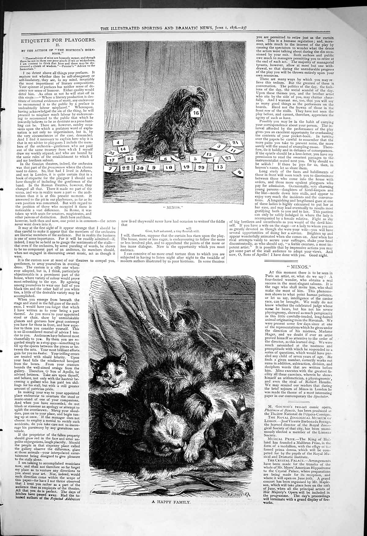 Old 1876 Minos Cards Animals Entertainment Happy Family Cats Kittens Victorian