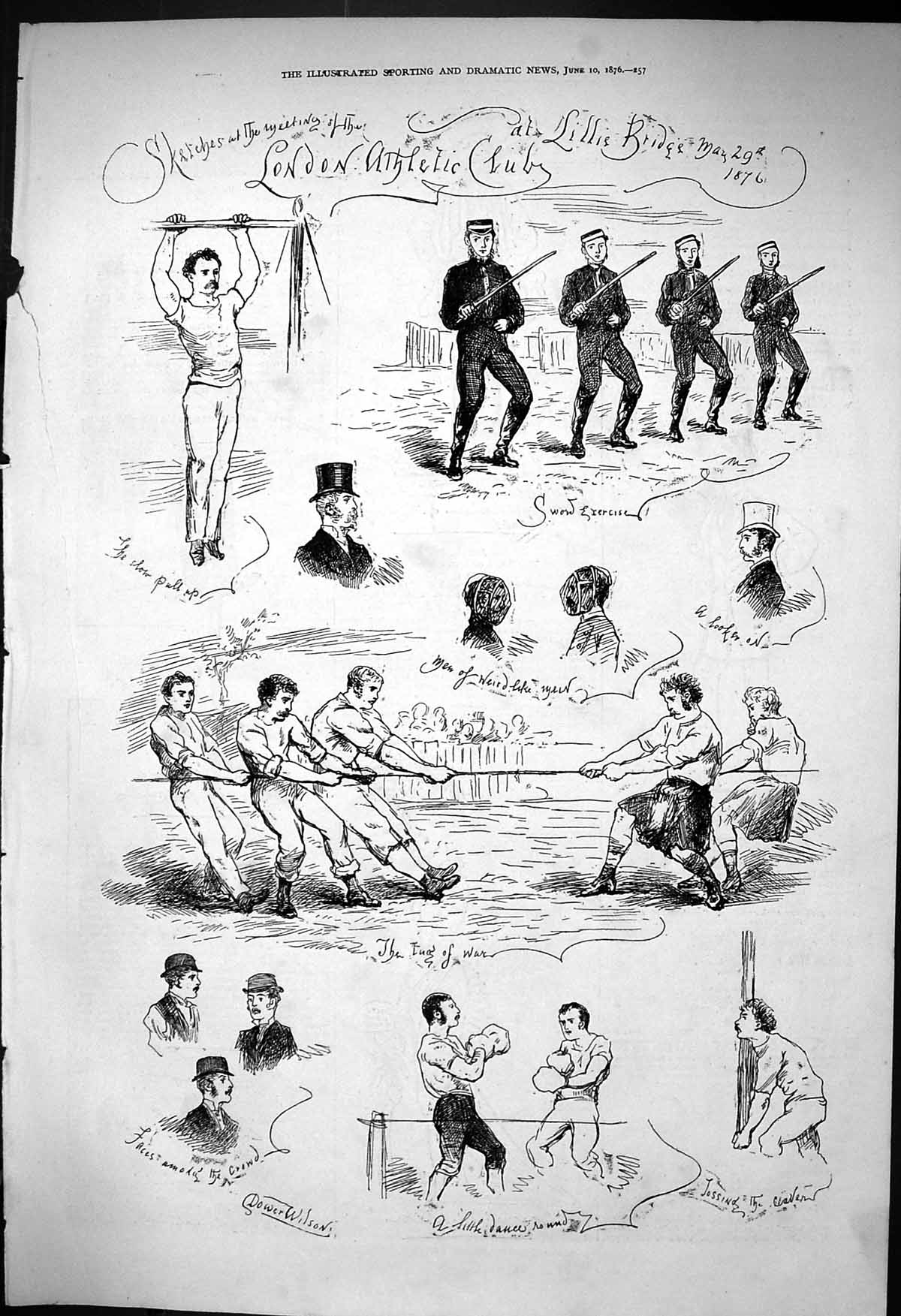 Old Print 1876 London Athletic Club Sword Exercise Tug War Boxing Tossin 19th