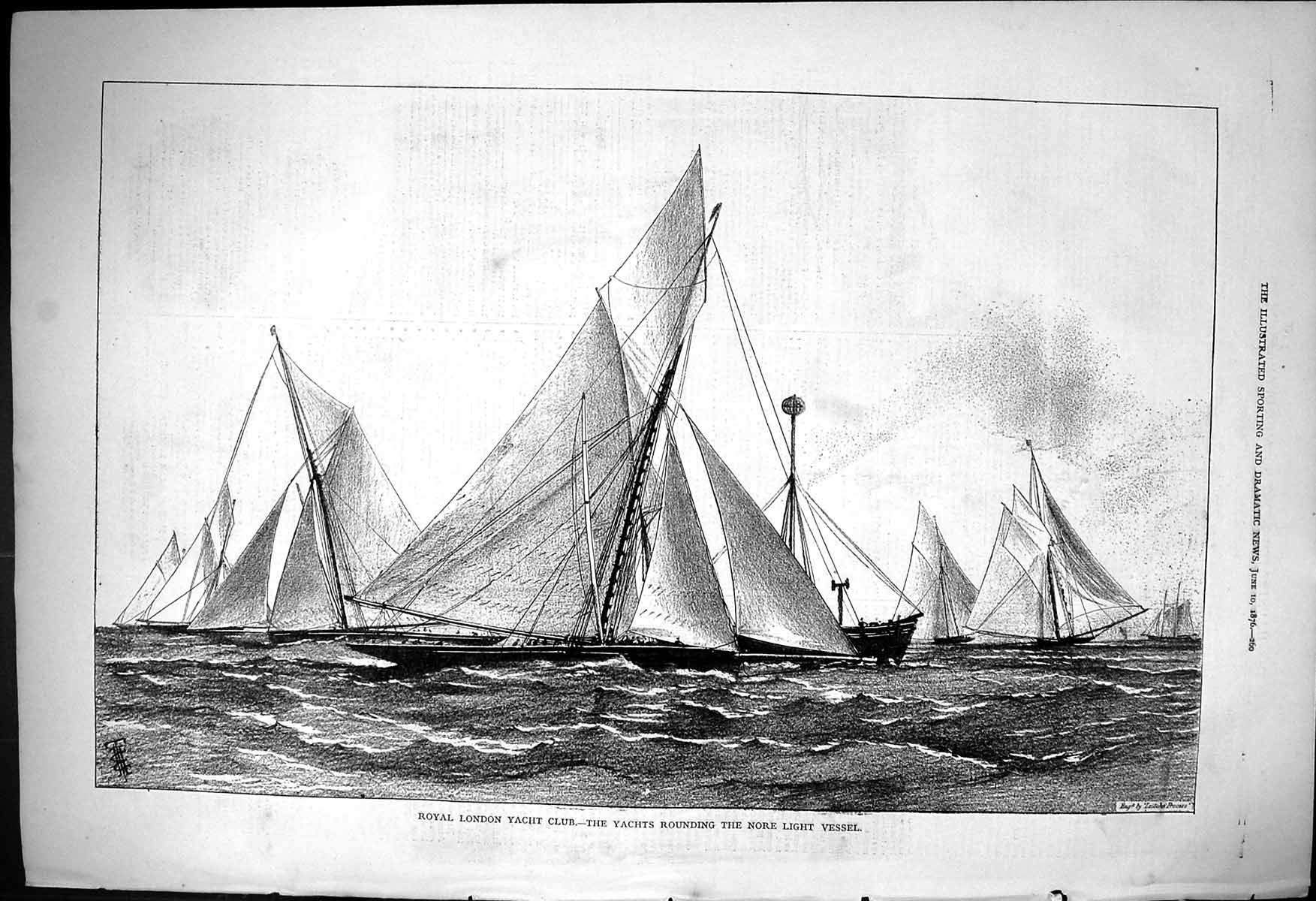Old Print 1876 Royal London Yacht Club Sailing Rounding Nore Light Vessel 19th