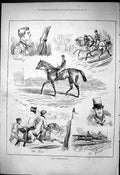 Original Old Antique Print 1876 Derby Whimsicalities Horse Racing Sport Jockeys