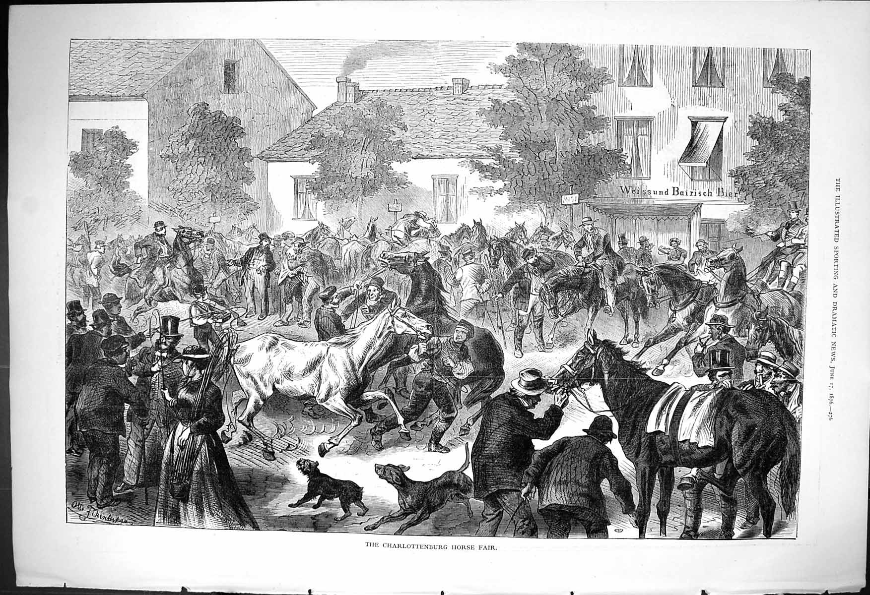 Original Old Antique Print 1876 Charlottenburg Horse Fair Animals Victorian