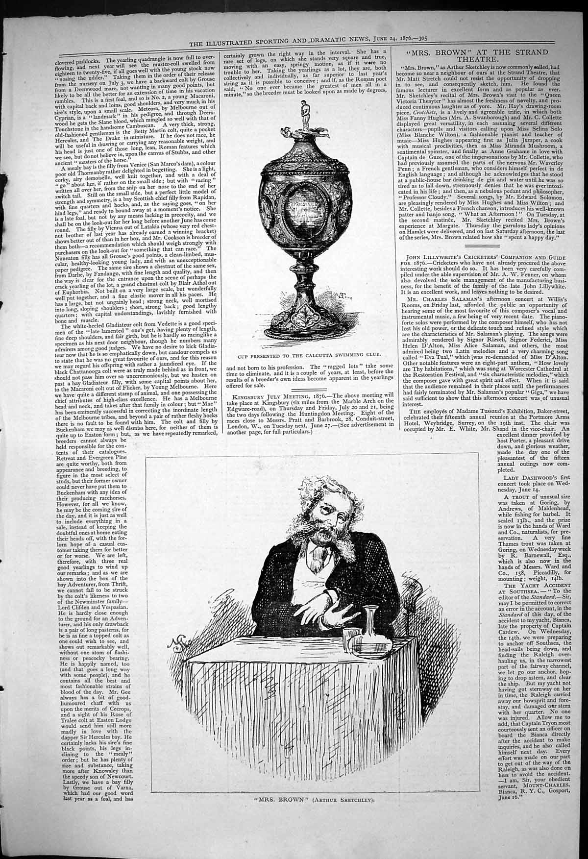 Antique Print 1876 Cup Presented Calcutta Swimming Club Mrs Brown Portrait 19th