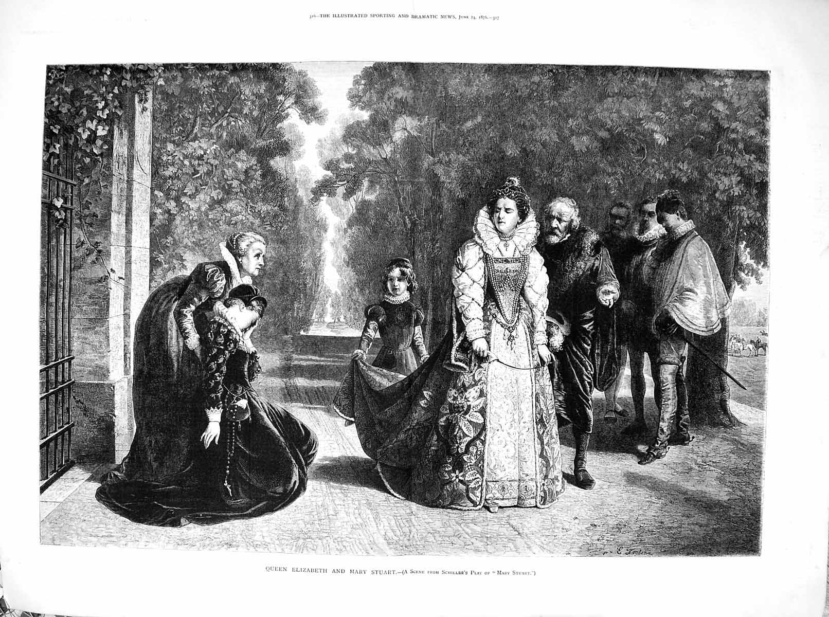Old 1876 Queen Elizabeth Mary Stuart Scene Royal Family Theatre Schil 19th