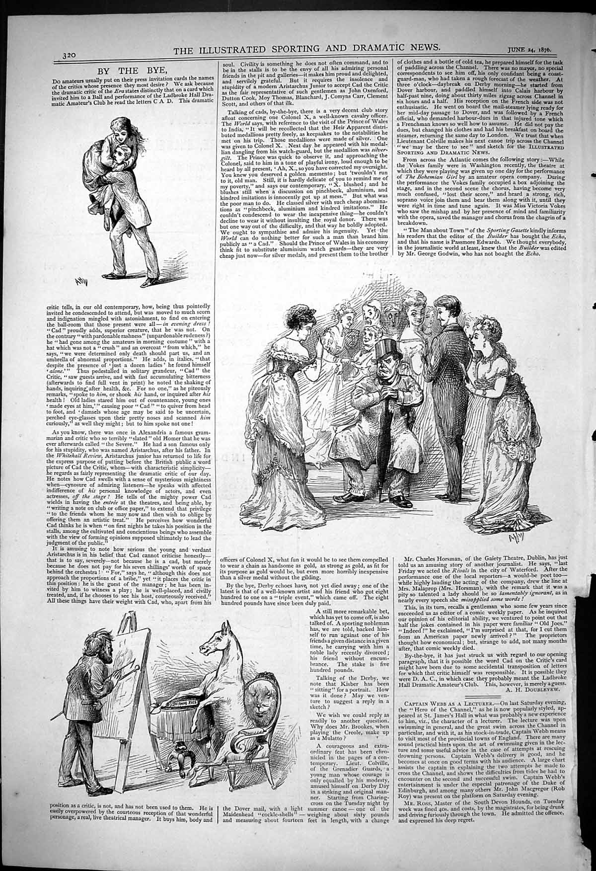 Original Old Antique Print 1876 Man Painting Horse Grumy People Amateur Theatre
