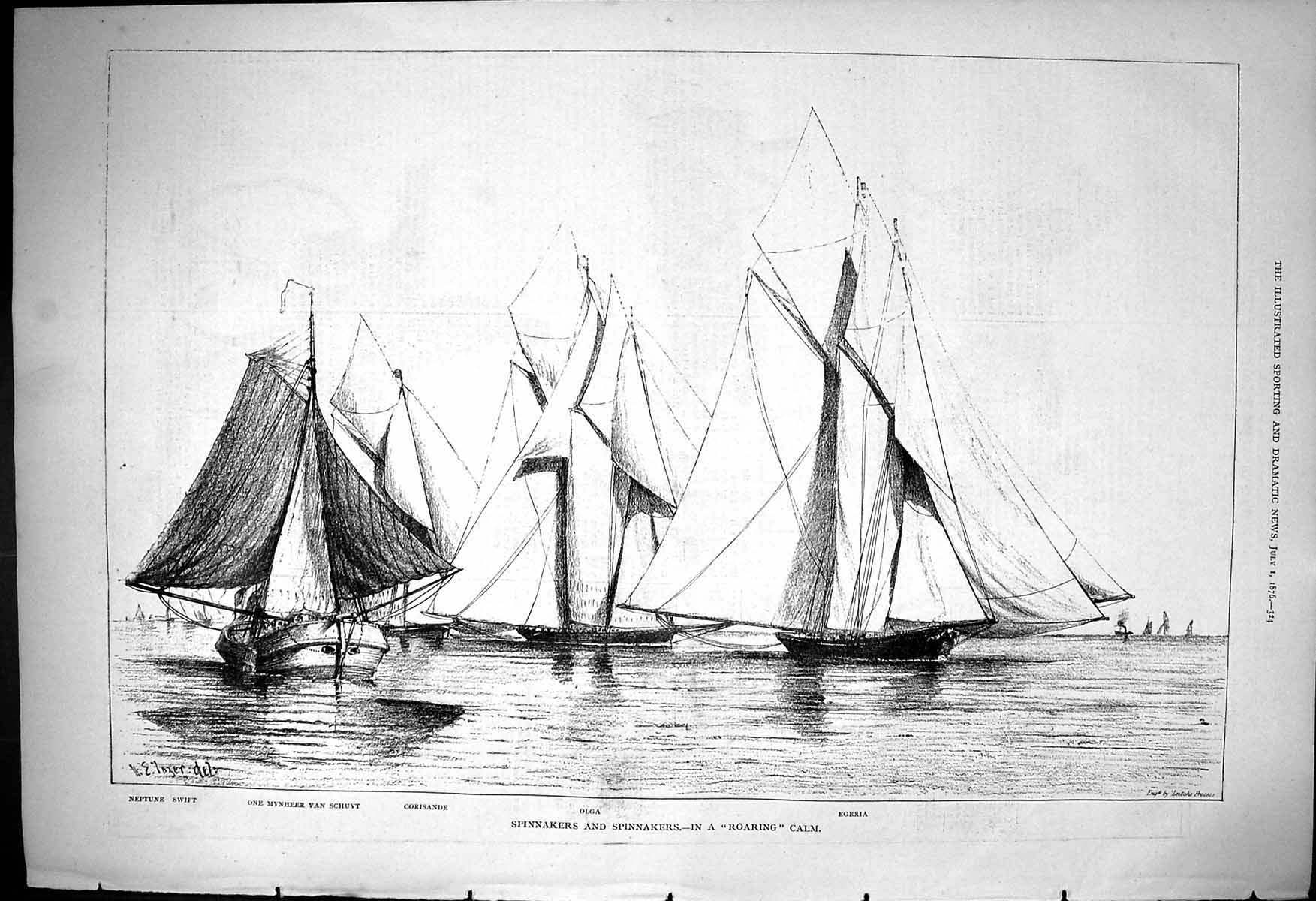 Old 1876 Spinnakers Yacht Race Corisande Olga Egeria Mynheer Van Schu Victorian
