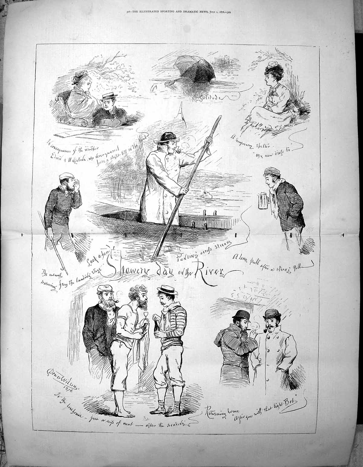 Original Old Antique Print 1876 Showery Day River Sceen Boats Romance 19th