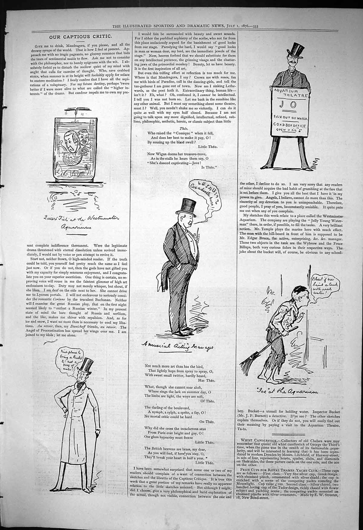 Original Old Antique Print 1876 Captious Critic Theatre Aquarium Fish Out Water